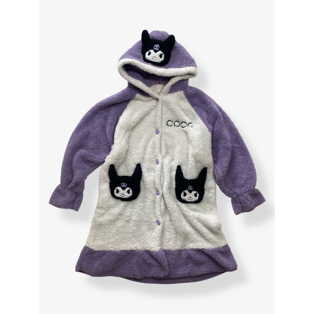 Sanrio Kuromi Fleece Hooded Robe Women Size 3 Purple White Kawaii Loungewear
